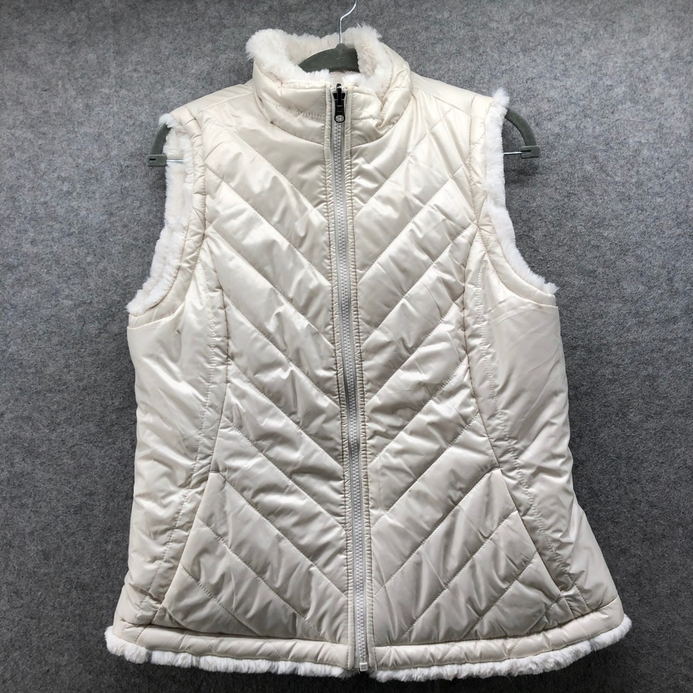 Nicole Miller Reversible Faux Fur Chevron Quilted Puffer Vest Ivory Womens M